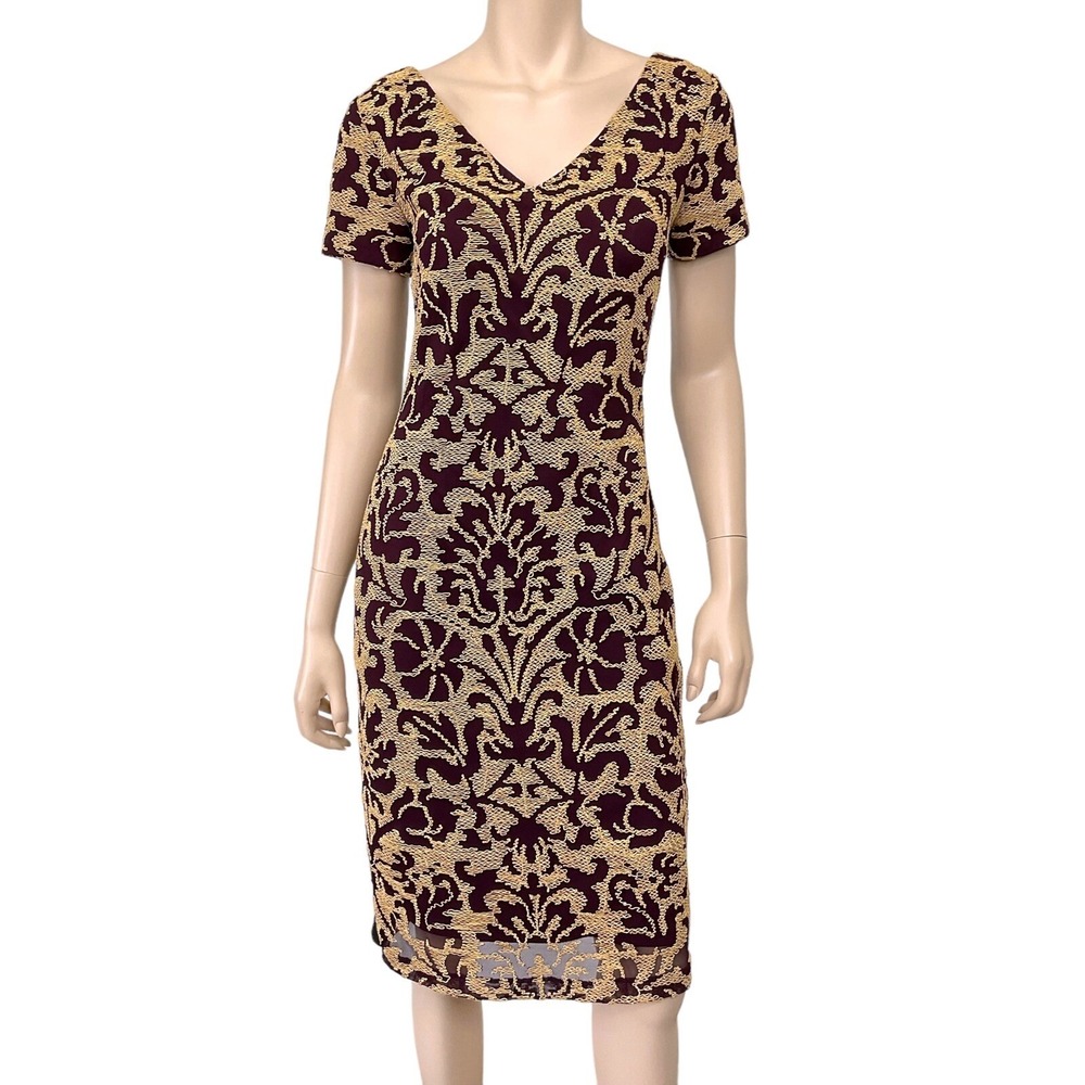JS Collections Dress Women 2 Burgundy Tan Short Sleeve V Neck Knee Length Formal